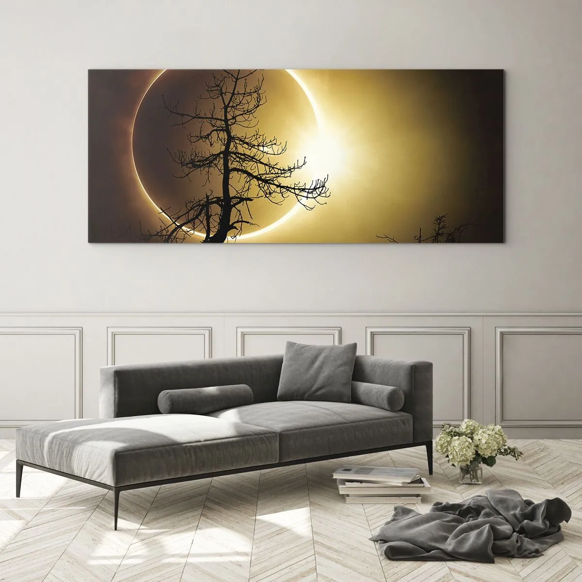 Impression sur verre - Image sur verre - Éclipse solaire avec une silhouette d'arbre au premier plan - 120x50cm - Éclipse totale - Décoration murale moderne pour le salon et la chambre ARTTOR
