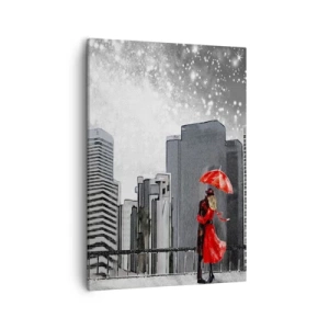 Impression sur toile - Image sur toile - Un couple en rouge avec un parapluie sur fond de paysage urbain - 50x70cm - L'homme n'est pas une pierre - Décoration murale moderne pour le salon et la chambre ARTTOR