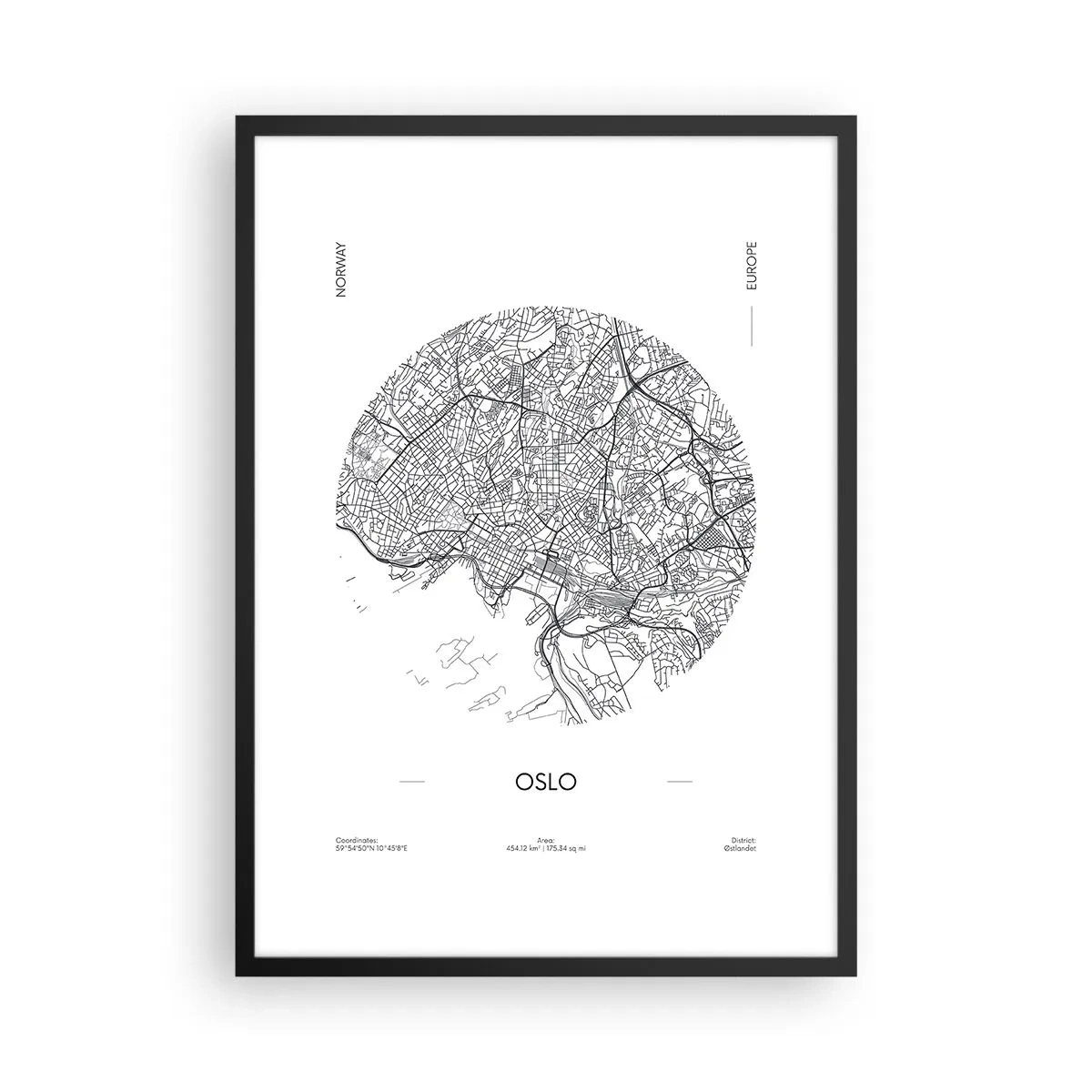 Affiche dans un cadre noir - Poster - Une carte minimaliste en noir et blanc d'Oslo - 50x70cm - Anatomie d’Oslo - Décoration murale moderne pour le salon et la chambre ARTTOR