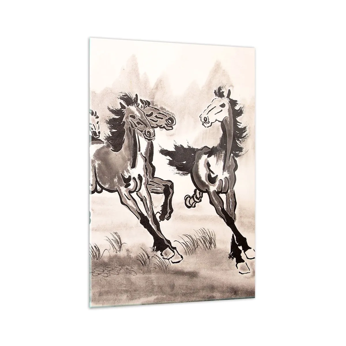 Impression sur verre - Image sur verre - Graphiques dynamiques de chevaux au galop dans un style oriental - 70x100cm - Dans un joyeux galop - Décoration murale moderne pour le salon et la chambre ARTTOR