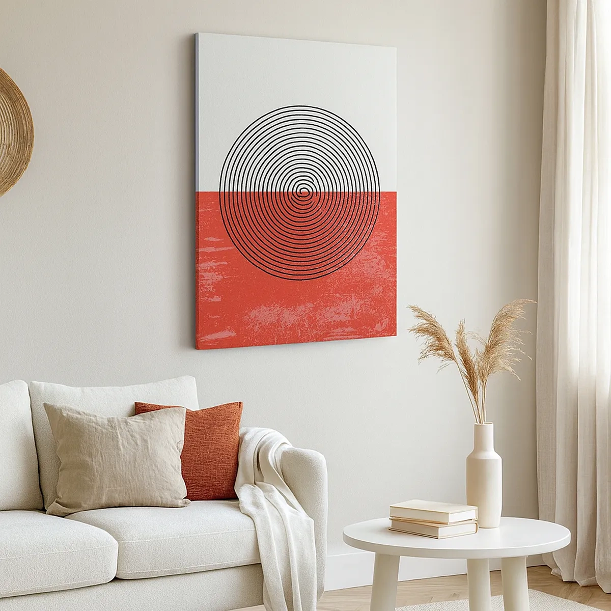 Impression sur toile - Image sur toile - Motif géométrique avec des cercles concentriques sur un fond rouge et blanc - 50x70cm - Dans le mille - Décoration murale moderne pour le salon et la chambre ARTTOR