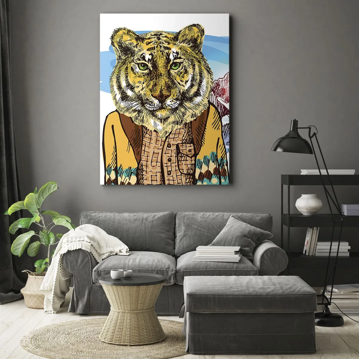 Impression sur toile - Image sur toile - Un tigre dans un manteau sur un paysage de montagne - 50x70cm - Pas aussi sauvage qu'ils le décrivent - Décoration murale moderne pour le salon et la chambre ARTTOR
