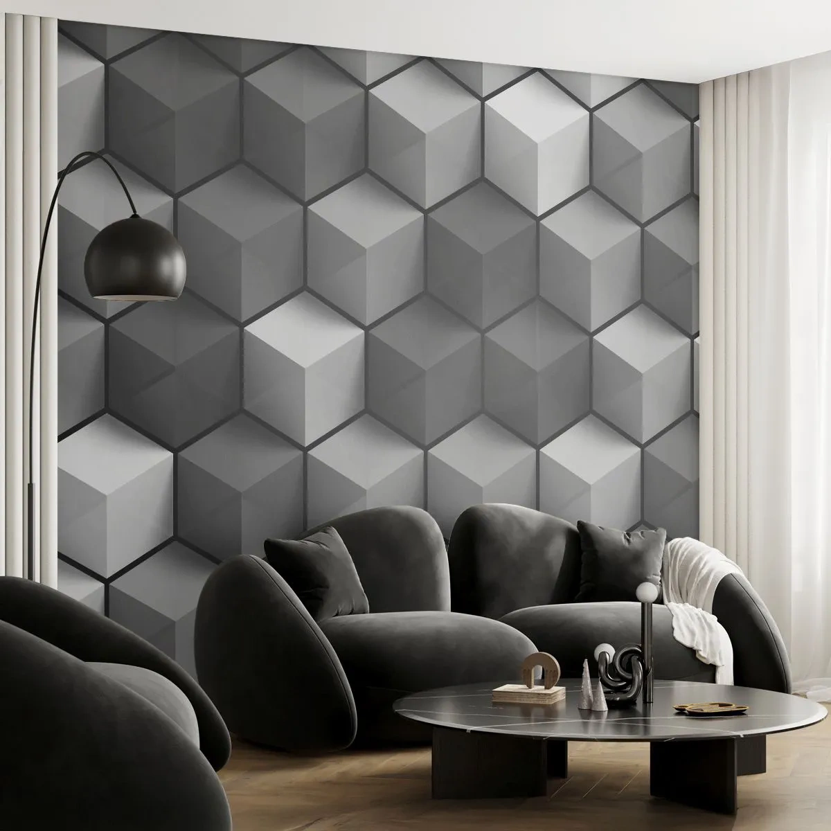 Papier Peint Photo Premium Canvas - Composition géométrique de cubes dans les tons de gris et de noir - 100x70cm - Puzzle cubiste - Décoration murale moderne pour le salon et la chambre ARTTOR