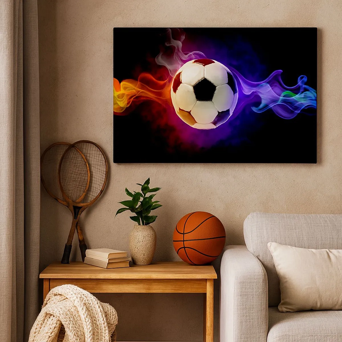Impression sur toile - Image sur toile - Un ballon de football entouré d'effets de fumée colorés sur un fond sombre. - 70x50cm - Le pouvoir magique du jeu - Décoration murale moderne pour le salon et la chambre ARTTOR