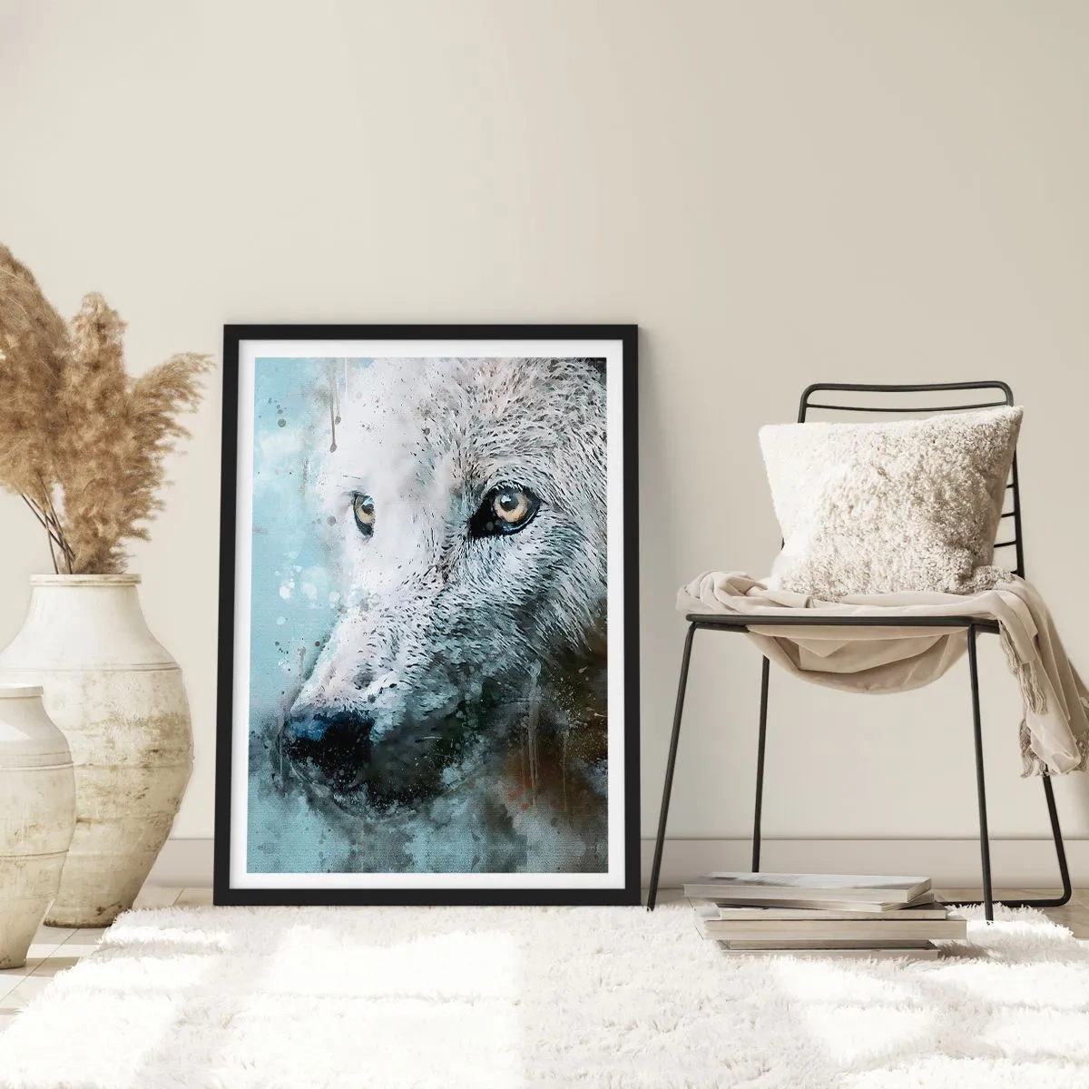 Affiche dans un cadre noir - Poster - Portrait de loup avec des détails artistiques à l'aquarelle - 50x70cm - Rencontrez l'âme du loup - Décoration murale moderne pour le salon et la chambre ARTTOR