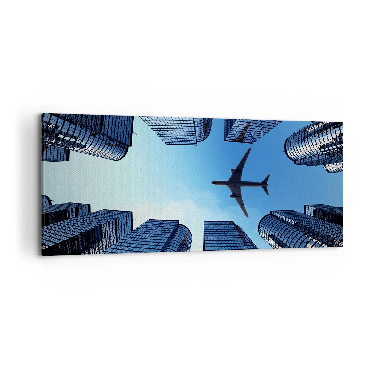 Impression sur toile - Image sur toile - Un avion survolant des gratte-ciels modernes dans le centre-ville. - 120x50cm - La vue depuis le ravin de verre - Décoration murale moderne pour le salon et la chambre ARTTOR