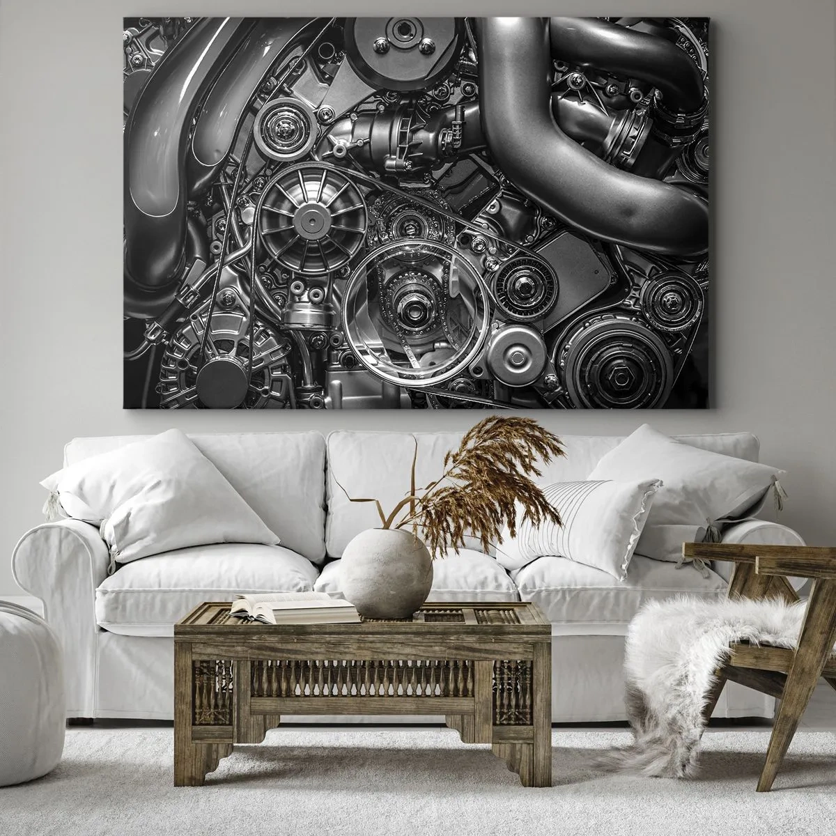 Impression sur toile - Image sur toile - Gros plan noir et blanc des détails mécaniques d'un moteur de voiture. - 120x80cm - Poésie mécanique - Décoration murale moderne pour le salon et la chambre ARTTOR
