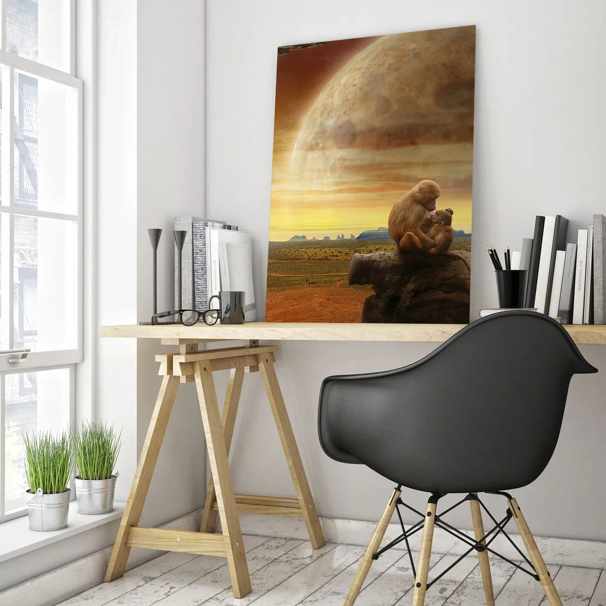 Impression sur verre - Image sur verre - Des singes assis sur un rocher avec une énorme lune en arrière-plan - 50x70cm - L'amour est le même partout - Décoration murale moderne pour le salon et la chambre ARTTOR