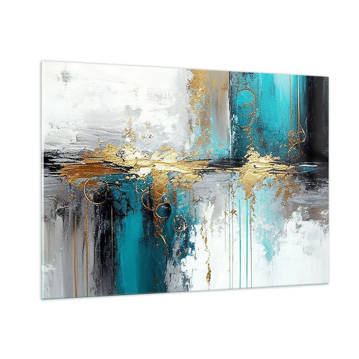 Impression sur verre - Image sur verre - Abstraction avec turquoise et or sur fond blanc - 100x70cm - Tout coule - Décoration murale moderne pour le salon et la chambre ARTTOR