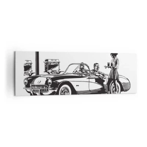 Impression sur toile - Image sur toile - Une scène rétro en noir et blanc avec une voiture et une serveuse en patins à roulettes. - 160x50cm - 60's - Amérique insouciante - Décoration murale moderne pour le salon et la chambre ARTTOR