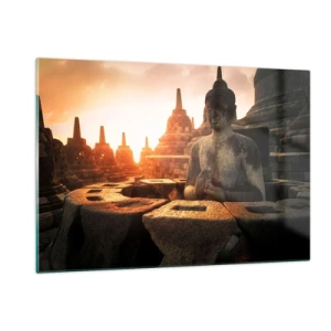 Impression sur verre - Image sur verre - Une statue de Bouddha illuminée par le soleil couchant dans un ancien complexe de temples - 120x80cm - Temps de grande sagesse - Décoration murale moderne pour le salon et la chambre ARTTOR