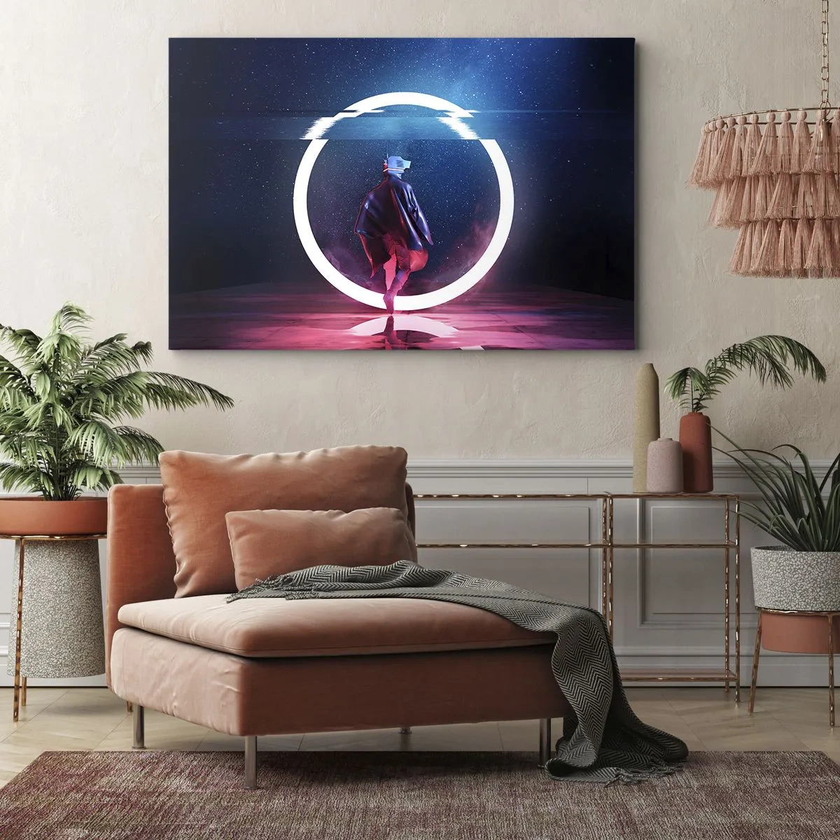 Impression sur toile - Image sur toile - Un personnage dans un environnement futuriste avec un cercle de néon - 70x50cm - Entre deux mondes - Décoration murale moderne pour le salon et la chambre ARTTOR