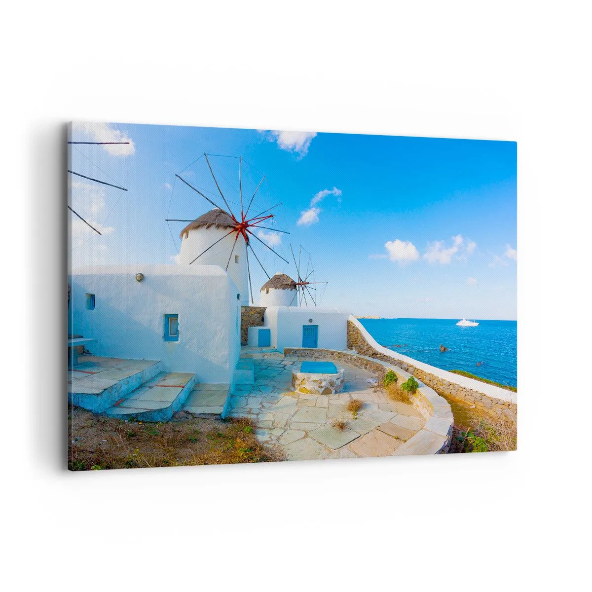 Impression sur toile - Image sur toile - Des moulins à vent blancs sur les rives de la mer bleue - 100x70cm - Le vent bleu de la mer - Décoration murale moderne pour le salon et la chambre ARTTOR