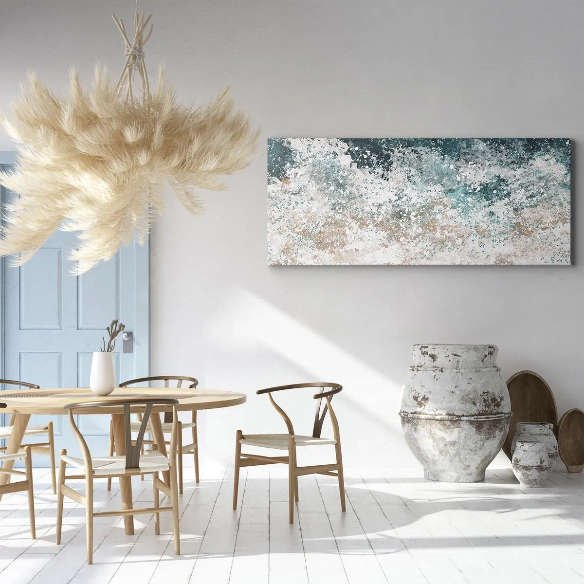 Impression sur toile - Image sur toile - Vague de mer abstraite dans des tons turquoise et beige - 160x50cm - Histoires de la mer - Décoration murale moderne pour le salon et la chambre ARTTOR