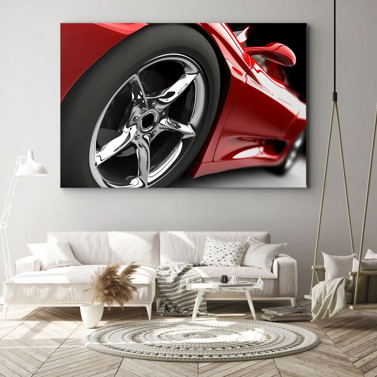 Impression sur toile - Image sur toile - Voiture de sport rouge avec jantes chromées - 100x70cm - Conçu pour la vitesse - Décoration murale moderne pour le salon et la chambre ARTTOR