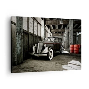 Impression sur toile - Image sur toile - Voiture rétro élégante dans un entrepôt brut - 70x50cm - L'élégance éternelle des années 30 - Décoration murale moderne pour le salon et la chambre ARTTOR