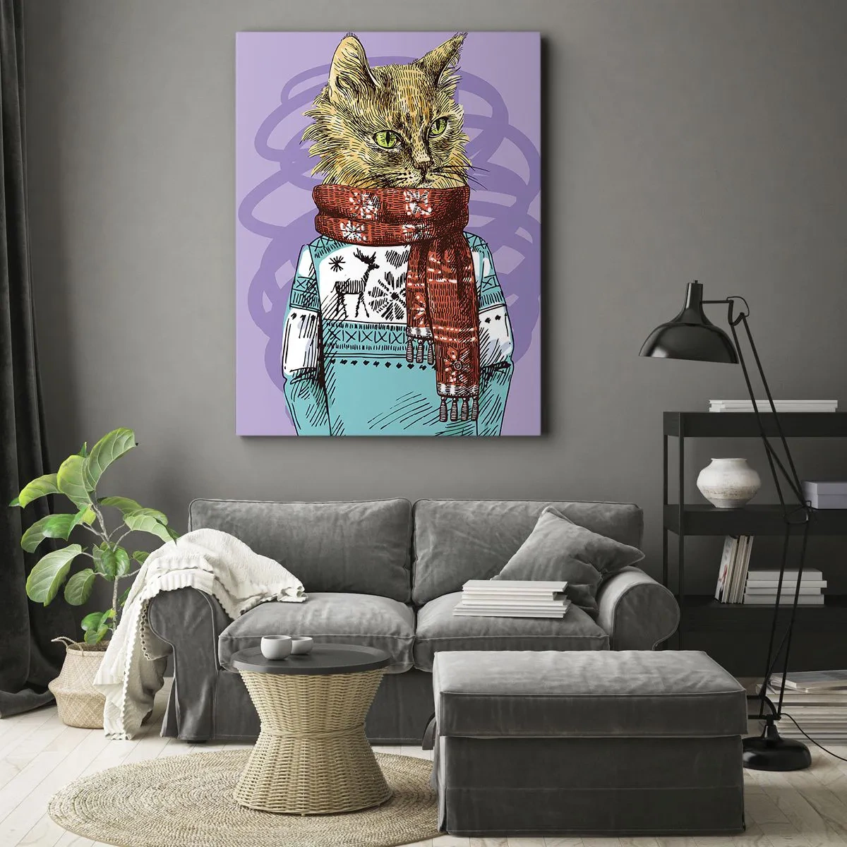 Impression sur toile - Image sur toile - Un chat en pull et écharpe sur fond violet - 70x100cm - Le chat, pas uniquement dans les chaussures - Décoration murale moderne pour le salon et la chambre ARTTOR