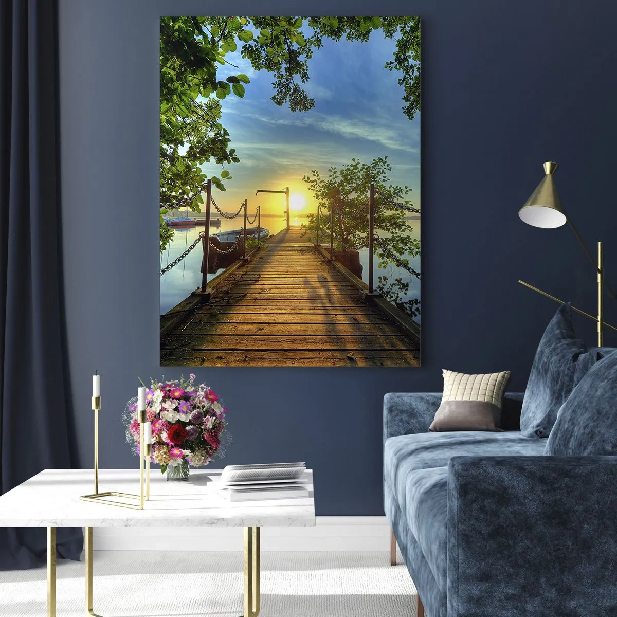 Impression sur verre - Image sur verre - Une jetée surplombant le coucher de soleil sur le lac - 50x70cm - L'ouest au-dessus de l'eau - Décoration murale moderne pour le salon et la chambre ARTTOR