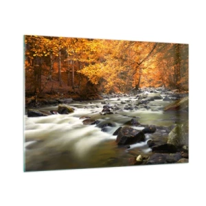 Impression sur verre - Image sur verre - Forêt d'automne avec un ruisseau et des pierres - 100x70cm - Un ruisseau dans une forêt dorée - Décoration murale moderne pour le salon et la chambre ARTTOR
