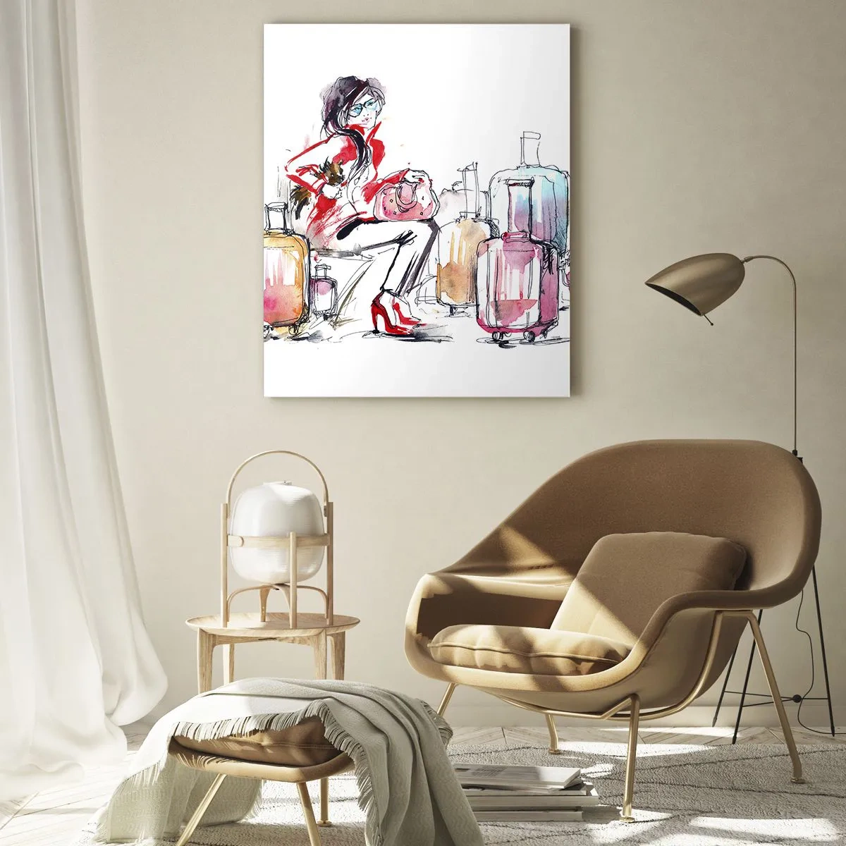 Impression sur verre - Image sur verre - Une femme avec des valises dans une illustration aquarelle dynamique - 80x120cm - Asseyons-nous avant le voyage - Décoration murale moderne pour le salon et la chambre ARTTOR