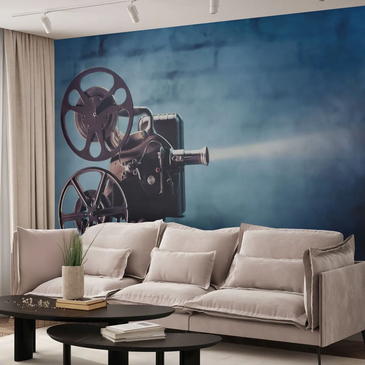 Papier Peint Photo Premium Sand - Un vieux projecteur de cinéma projetant de la lumière sur le mur. - 100x70cm - Dans un vieux cinéma - Décoration murale moderne pour le salon et la chambre ARTTOR