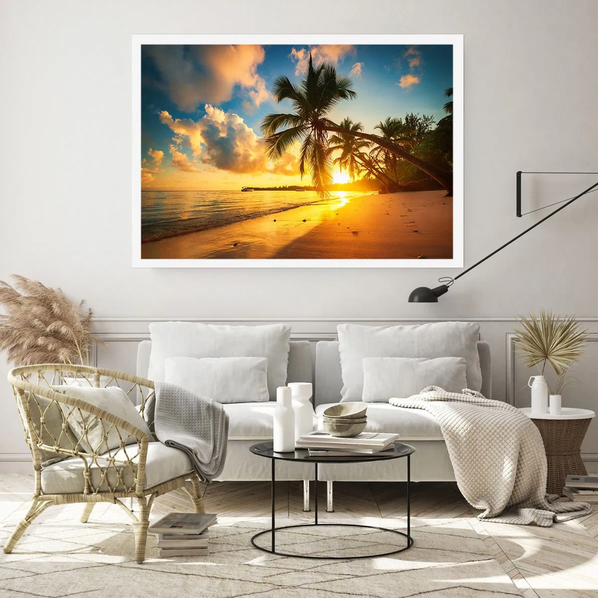 Affiche - Poster - Plage au coucher du soleil avec des palmiers au bord de la mer - 100x70cm - Rêve caribéen - Décoration murale moderne pour le salon et la chambre ARTTOR