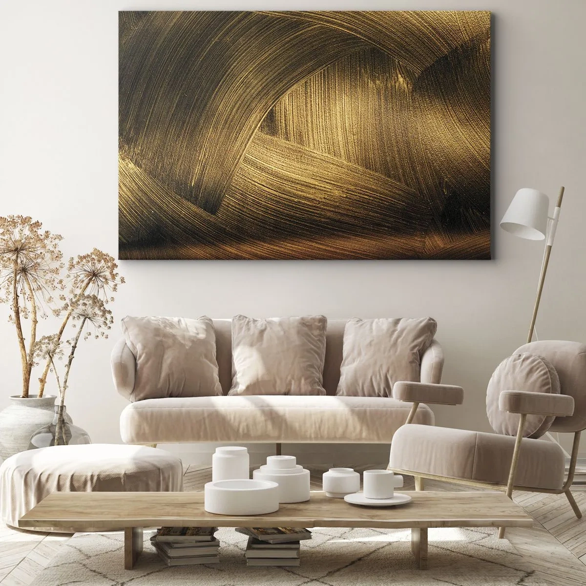 Impression sur toile - Image sur toile - Coups de pinceau abstraits dorés - 70x50cm - Dans un labyrinthe en or - Décoration murale moderne pour le salon et la chambre ARTTOR