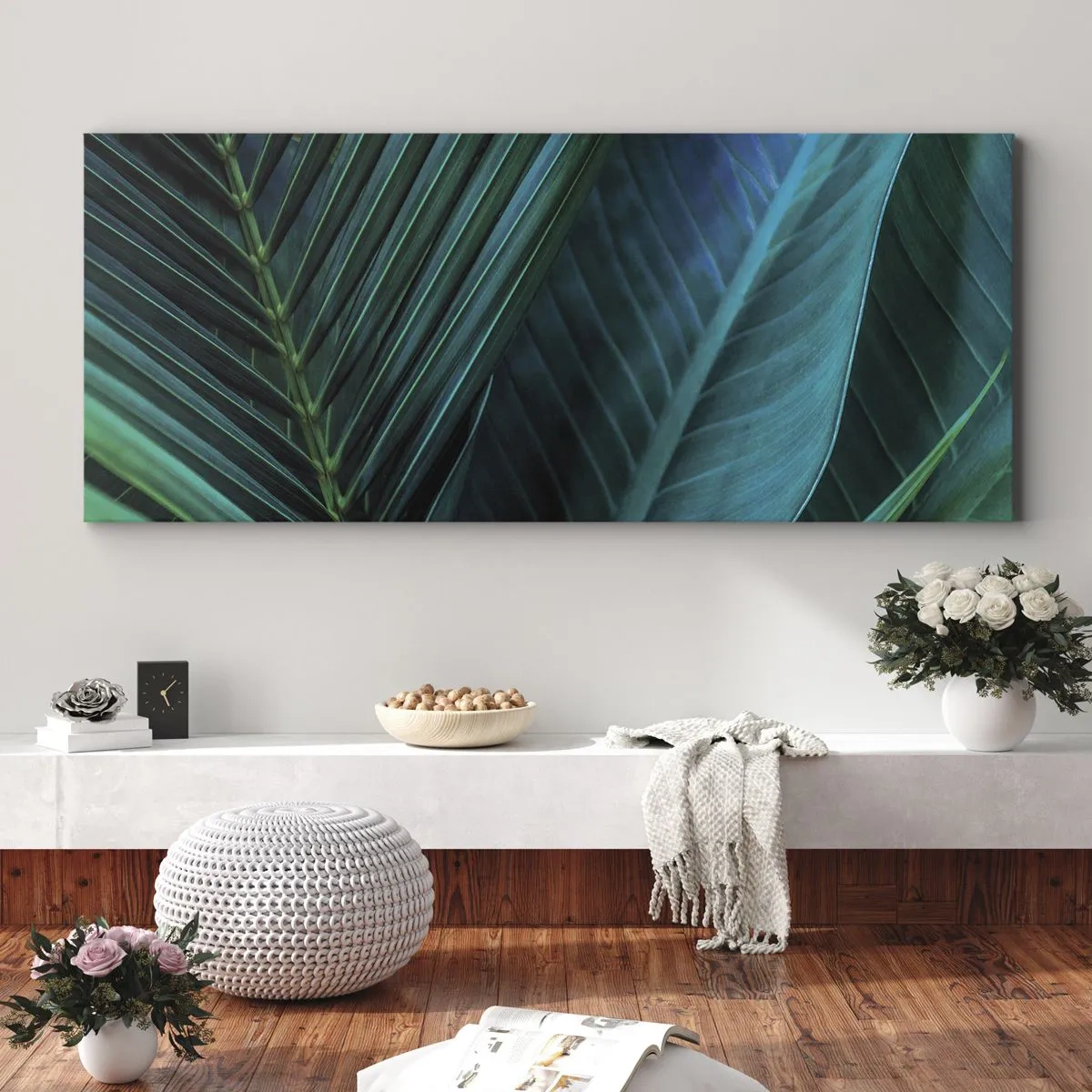 Impression sur toile - Image sur toile - Gros plan de feuilles vertes tropicales - 160x50cm - L'anatomie du vert - Décoration murale moderne pour le salon et la chambre ARTTOR