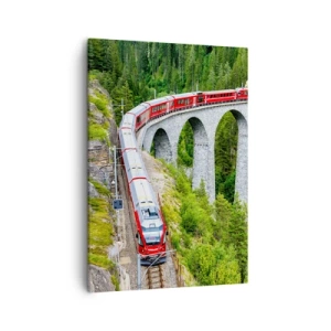 Impression sur toile - Image sur toile - Un train sur un viaduc pittoresque dans un paysage montagneux - 50x70cm - Chemin de fer avec vue sur la montagne - Décoration murale moderne pour le salon et la chambre ARTTOR