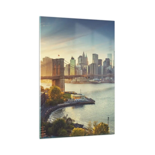 Impression sur verre - Image sur verre - Panorama de la ville avec le pont au coucher du soleil - 80x120cm - L'aube de la grande ville - Décoration murale moderne pour le salon et la chambre ARTTOR
