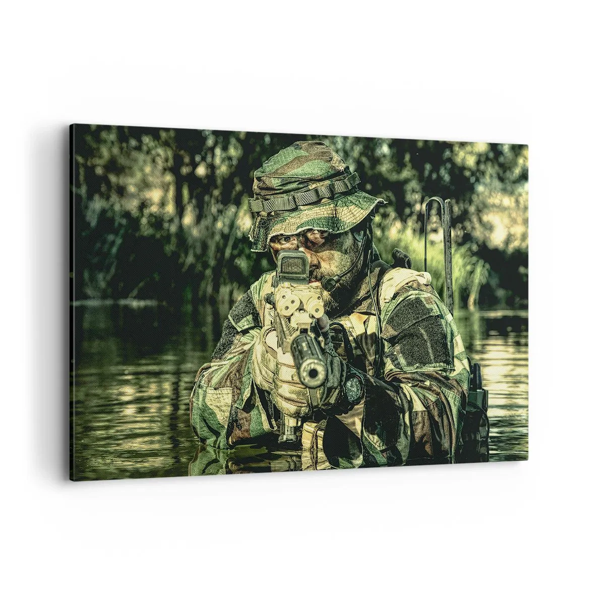 Impression sur toile - Image sur toile - Un soldat en tenue de camouflage vise à travers l'eau. - 100x70cm - Le meilleur des meilleurs - Décoration murale moderne pour le salon et la chambre ARTTOR