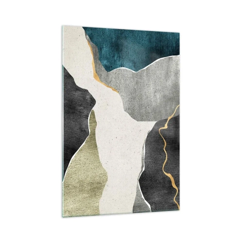 Impression sur verre - Image sur verre - Formes géométriques dans les tons de gris, vert et or - 70x100cm - Composition mosaïque avec un fil d'or - Décoration murale moderne pour le salon et la chambre ARTTOR