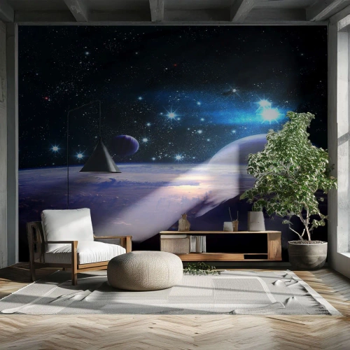 Papier Peint Photo Premium Canvas - Une vue de l'espace avec des planètes et des étoiles - 100x70cm - Toujours seul? - Décoration murale moderne pour le salon et la chambre ARTTOR