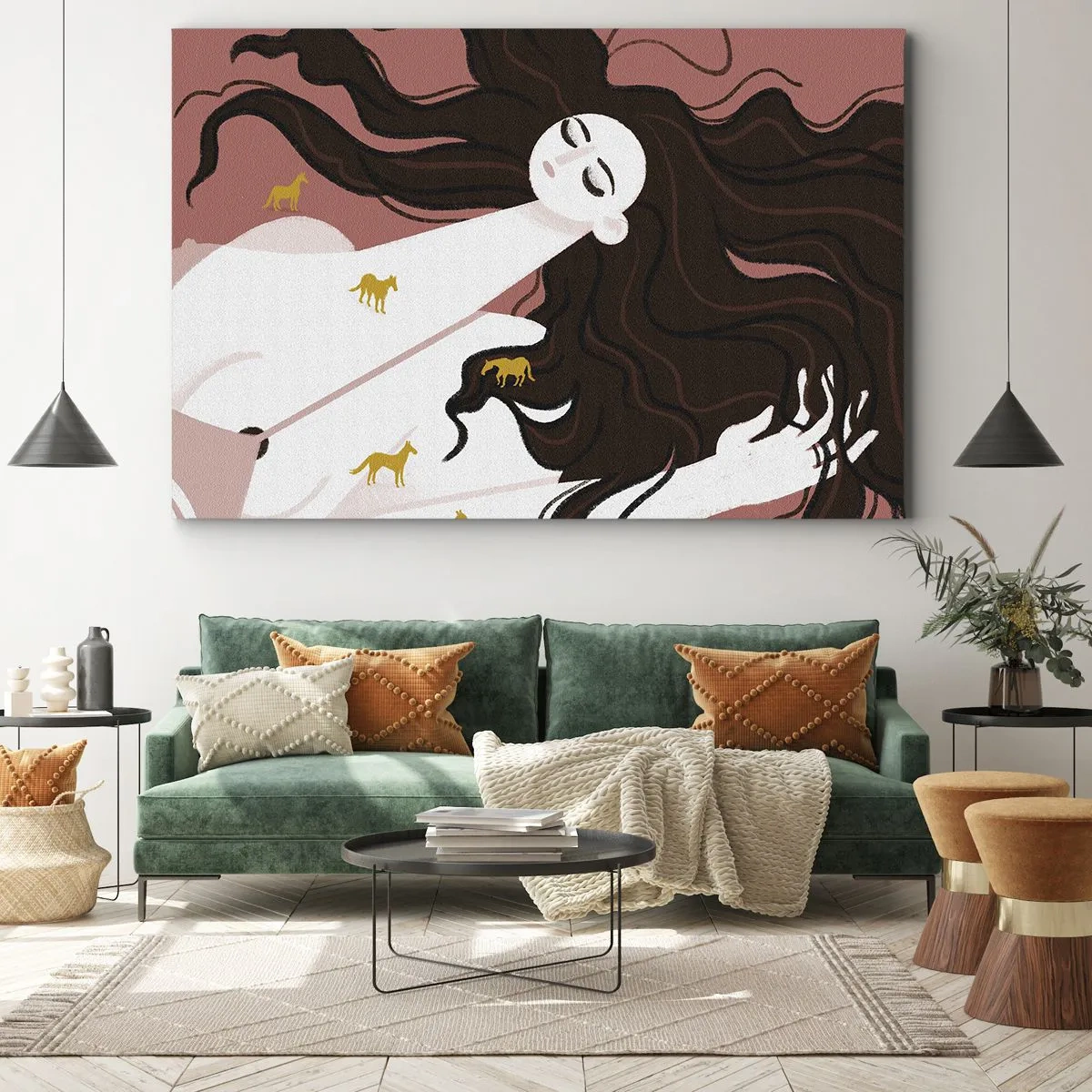 Impression sur toile - Image sur toile - Une silhouette aux yeux fermés entourée de chevaux dorés - 100x70cm - Rêve d'un cheval d'or - Décoration murale moderne pour le salon et la chambre ARTTOR