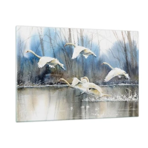 Impression sur verre - Image sur verre - Cygnes sauvages survolant un lac forestier paisible - 120x80cm - Comme dans un conte de fées sur les cygnes sauvages - Décoration murale moderne pour le salon et la chambre ARTTOR