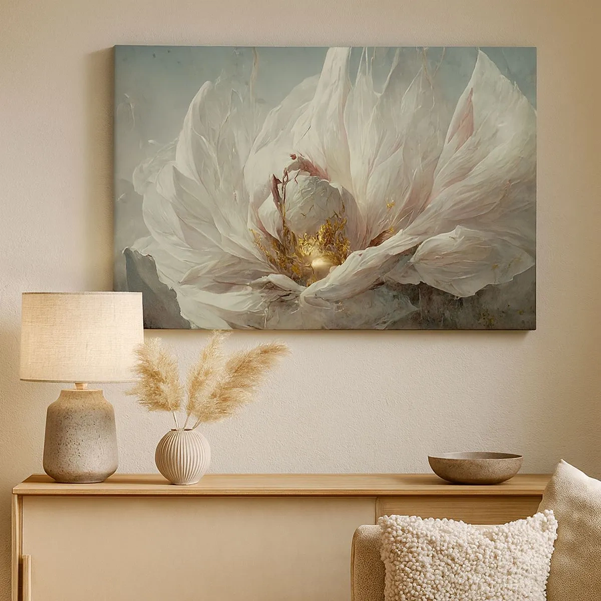 Impression sur toile - Image sur toile - Une fleur blanche délicate avec de subtils accents dorés - 70x50cm - Il fleurit une fois tous les cent ans - Décoration murale moderne pour le salon et la chambre ARTTOR