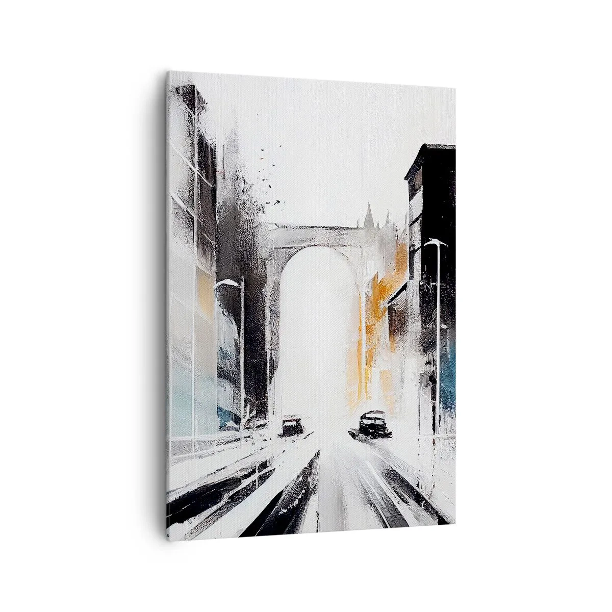 Impression sur toile - Image sur toile - Panorama abstrait de la ville avec un pont en arc - 70x100cm - Étude de ville : architecture et mouvement - Décoration murale moderne pour le salon et la chambre ARTTOR