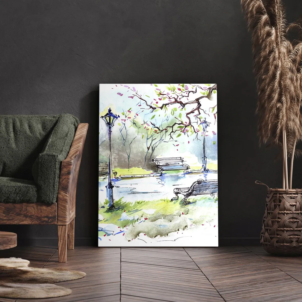 Impression sur toile - Image sur toile - Scène de parc à l'aquarelle avec bancs et lampes - 50x70cm - Le charme du silence d'un parc - Décoration murale moderne pour le salon et la chambre ARTTOR