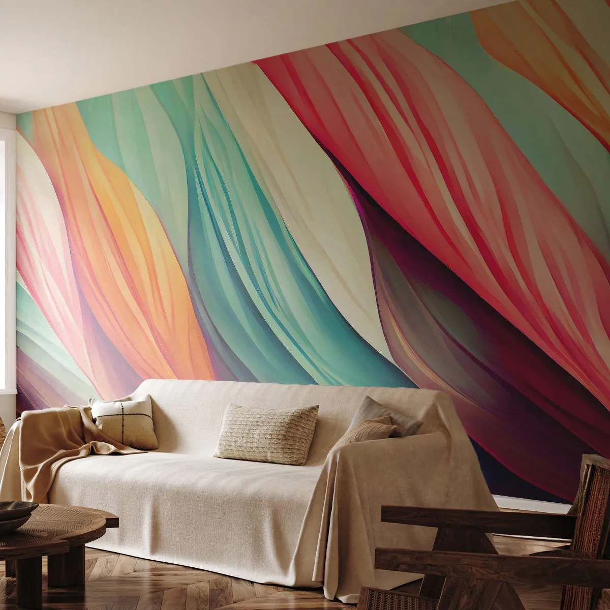 Papier Peint Photo Premium Sand - Tissage arc-en-ciel - Pastel, Lignes, Abstraction - 100x70 cm