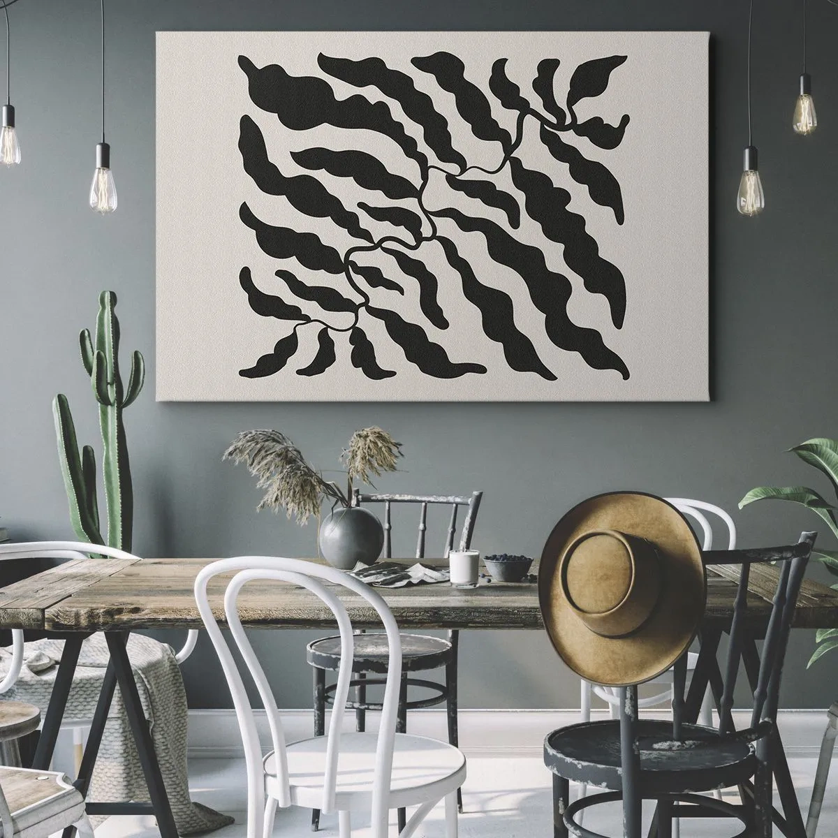 Impression sur toile - Image sur toile - Brindilles avec des feuilles noires sur fond clair - 70x50cm - La nature du carré - Décoration murale moderne pour le salon et la chambre ARTTOR
