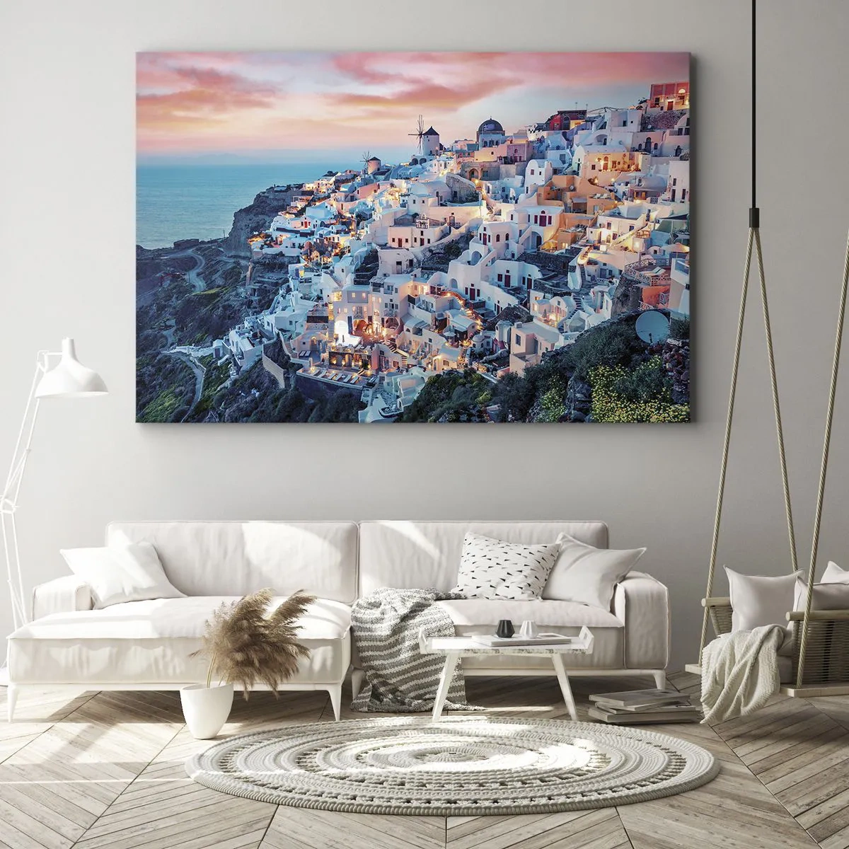 Impression sur toile - Image sur toile - Santorin au coucher du soleil avec des bâtiments blancs sur la colline - 120x80cm - Vos grandes vacances en Grèce - Décoration murale moderne pour le salon et la chambre ARTTOR