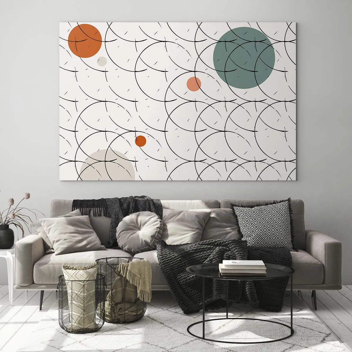 Impression sur verre - Image sur verre - Cercles colorés et lignes noires sur fond clair dans un style pop art. - 100x70cm - Dans l'esprit pop art - Décoration murale moderne pour le salon et la chambre ARTTOR