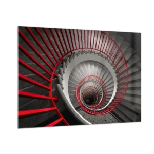 Impression sur verre - Image sur verre - Escalier en colimaçon avec rampes rouges en perspective - 100x70cm - Amusement architectural - Décoration murale moderne pour le salon et la chambre ARTTOR
