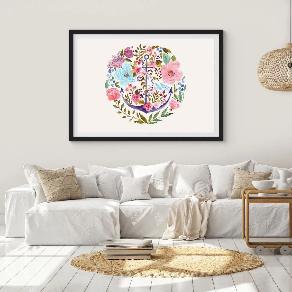 Affiche dans un cadre noir - Poster - Une ancre entourée de fleurs à l'aquarelle sur un fond clair - 70x50cm - Le beau rêve du marin - Décoration murale moderne pour le salon et la chambre ARTTOR