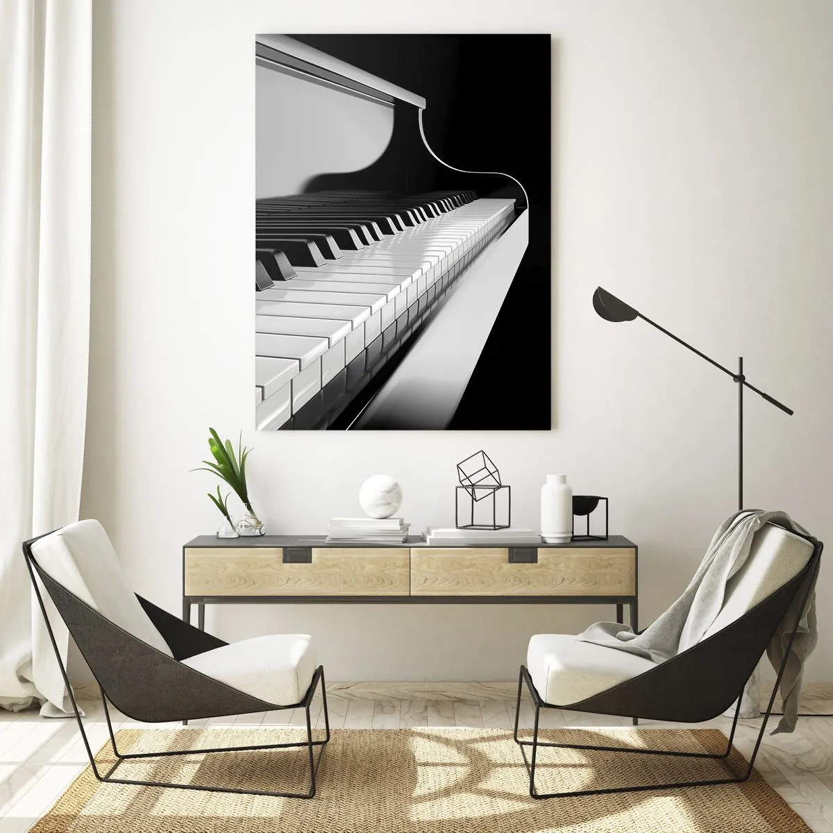 Impression sur verre - Image sur verre - Clavier de piano noir et blanc en perspective - 50x70cm - Harmonie des formes et des couleurs - Décoration murale moderne pour le salon et la chambre ARTTOR