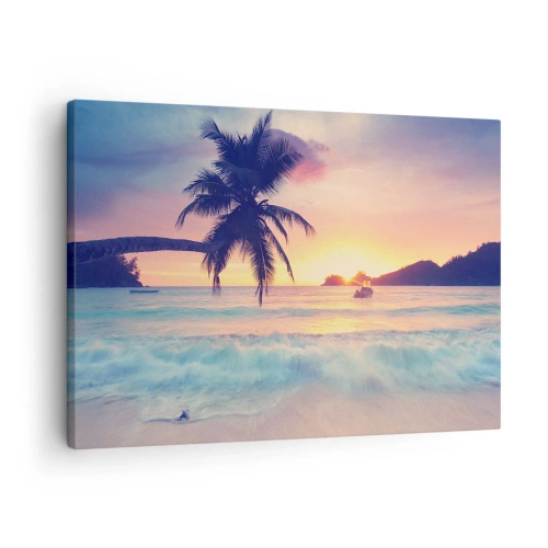 Impression sur toile - Image sur toile - Plage avec un palmier et un coucher de soleil sur l'océan - 70x50cm - Une soirée à la baie - Décoration murale moderne pour le salon et la chambre ARTTOR