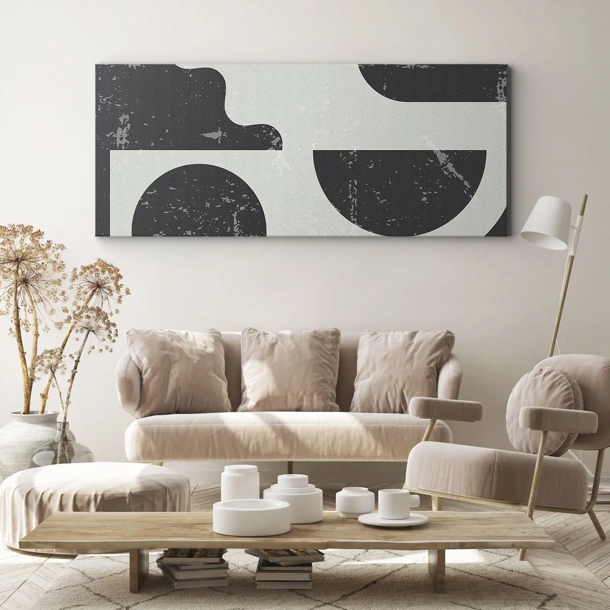 Impression sur toile - Image sur toile - Motifs géométriques dans les tons de noir et de gris - 140x50cm - Composition dessus et dessous - Décoration murale moderne pour le salon et la chambre ARTTOR