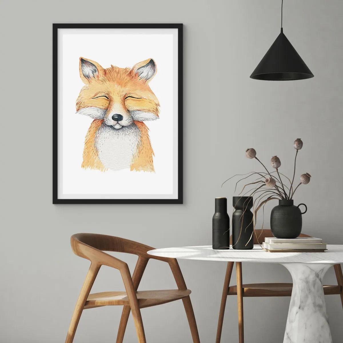 Affiche dans un cadre noir - Poster - Un charmant dessin d'un renard souriant aux couleurs douces - 50x70cm - Humeurs de renard - Décoration murale moderne pour le salon et la chambre ARTTOR