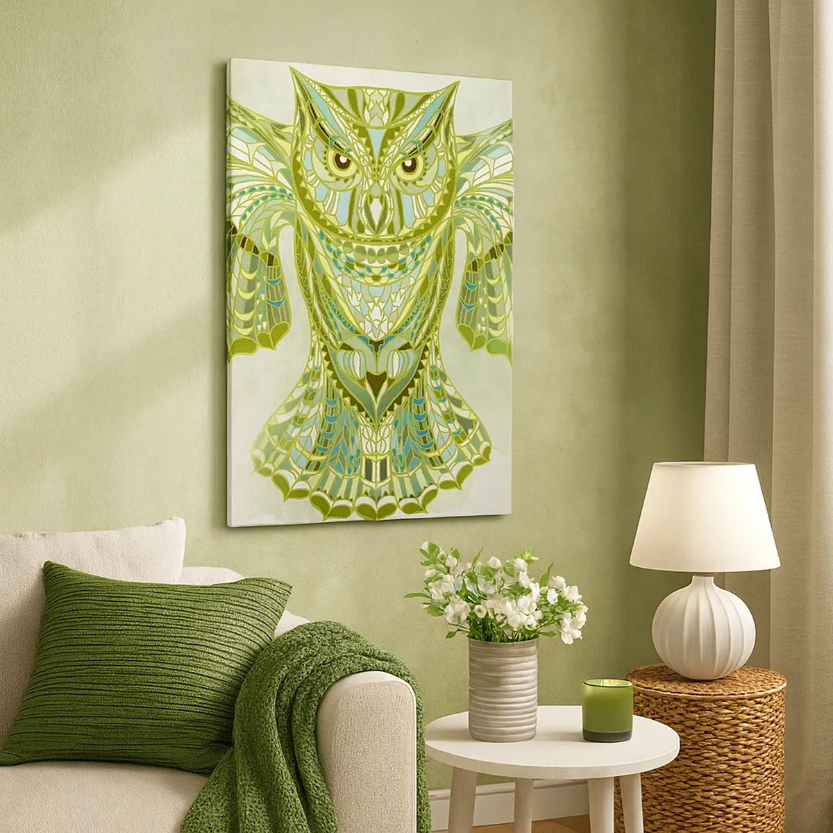 Impression sur toile - Image sur toile - Chouette décorative dans les tons de bleu - 50x70cm - D'un bosquet sacré celtique - Décoration murale moderne pour le salon et la chambre ARTTOR