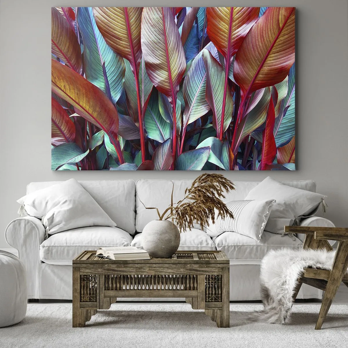 Impression sur toile - Image sur toile - Feuilles colorées de plantes tropicales dans le fourré - 100x70cm - Un fourré coloré - Décoration murale moderne pour le salon et la chambre ARTTOR